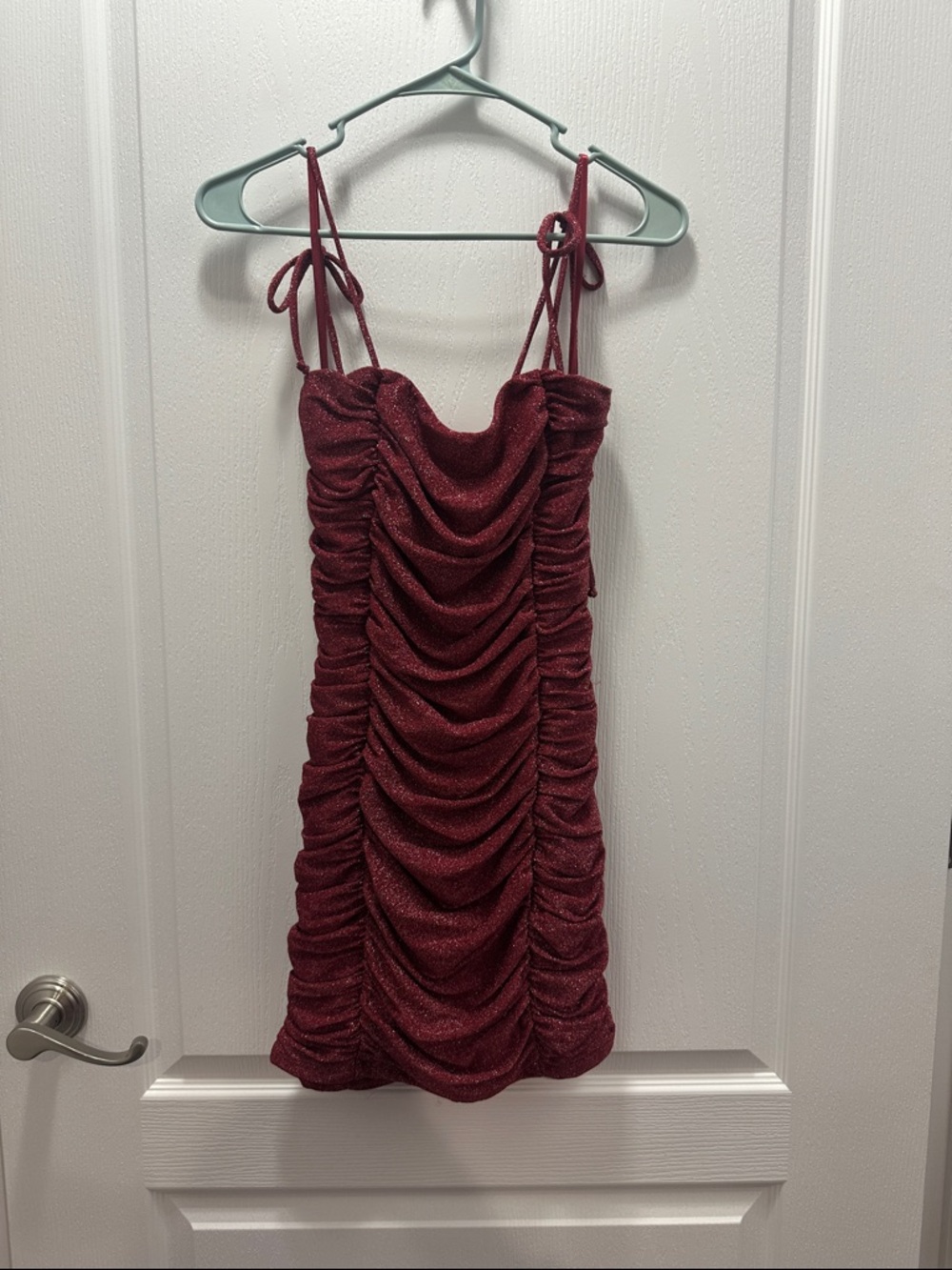 Ruched Sparkle Tie-Shoulder Mini Dress in Deep Burgundy